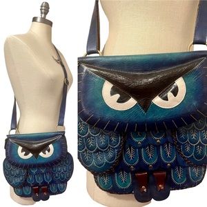 Vintage handmade leather blue owl crossbody purse